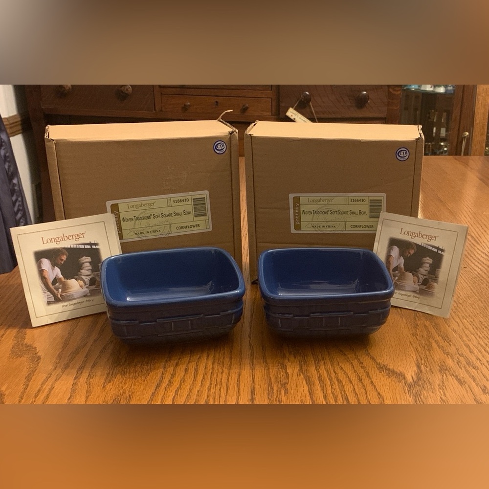 Longaberger Pottery Woven Traditions Soft Square Small Bowl 5”.  2 cornflower